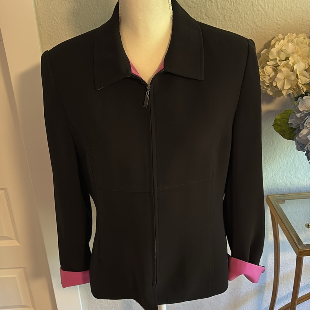 Kasper zip-up blazer in black with bright pink trim size 12